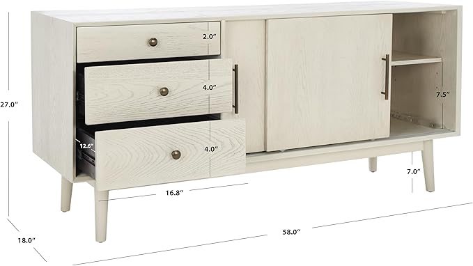 SAFAVIEH Couture Collection Tomas Mid-Century White Washed 3-Drawer Sliding Door Entertainment Media Stand (Fits up to a 65" Flatscreen TV)