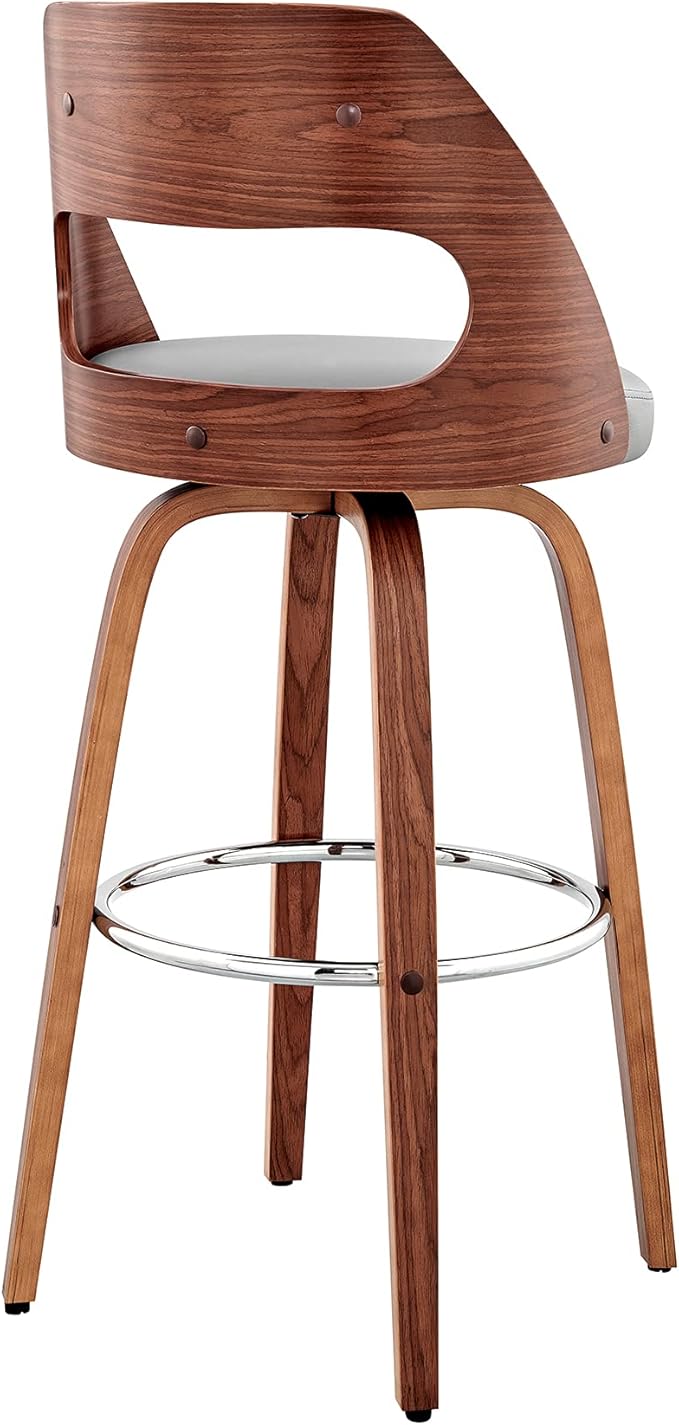 Armen Living Julius Mid Century Modern Swivel Bar Stool for Kitchen Island Counter in Gray Faux Leather and Walnut Wood, 26" Seat Height