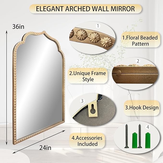 Gold Arch Mirror, 24"x36" Arched Vanity Mirrors for Bathroom, Metal Beaded Frame Ornate Decorative Mirror, Scalloped Vintage Mirrors for Fireplace Bedroom Living Room Hallway Entryway
