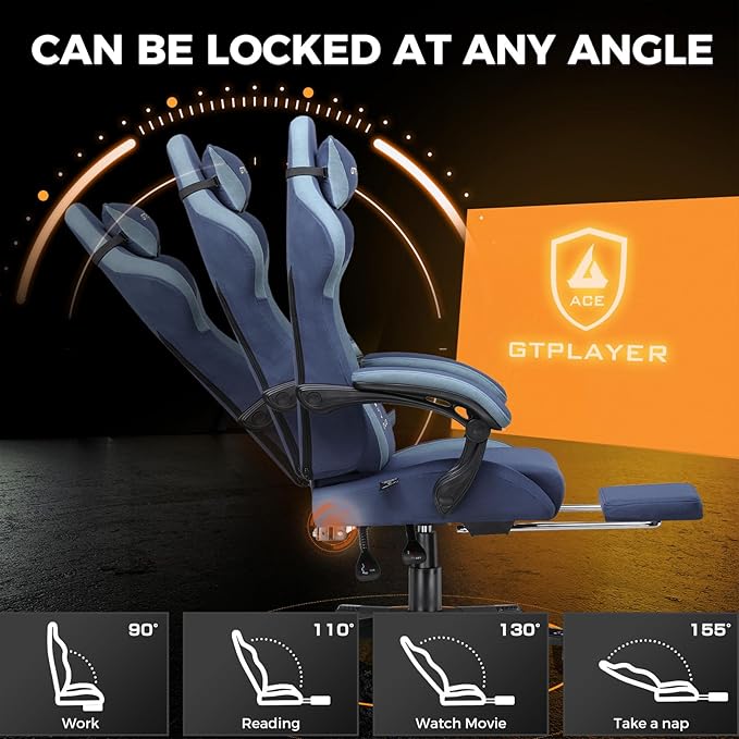 GTPLAYER Gaming Chair Fabric with Footrest, Big and Tall Game Chair High Back Computer Office Chair with Lumbar Support for Adults, Ergonomic Swivel Games Chair with Cushion Gaming Dark Blue