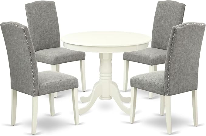 East West Furniture ANEN5-LWH-06 5 Piece Dining Room Furniture Set Includes a Round Kitchen Table with Pedestal and 4 Dark Shitake Linen Fabric Parsons Dining Chairs, 36x36 Inch, Linen White