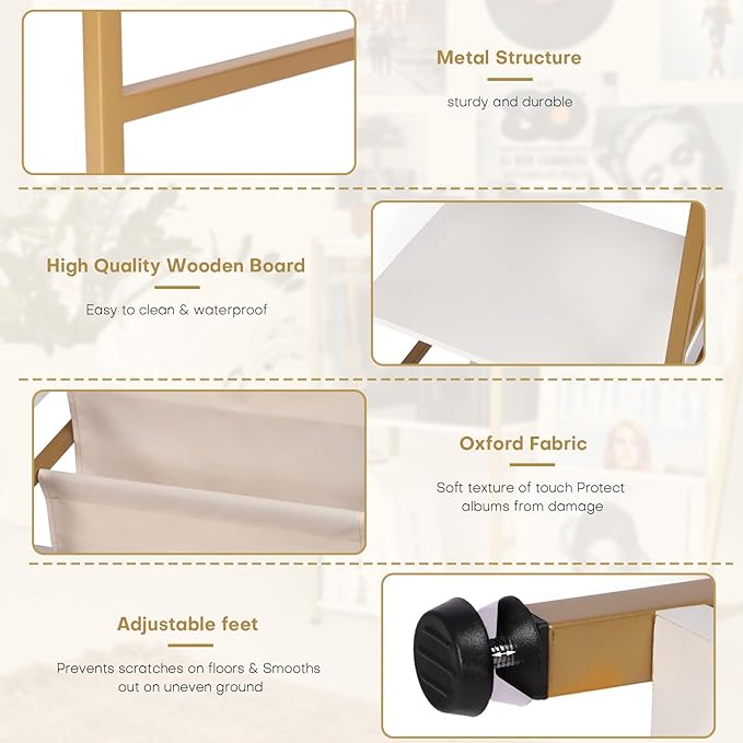 Stand for Record Player, 3 Tier Vinyl Record Storage with Now Playing Holder, Turntable Stand, Vinyl Display with Speaker Storage for Living Room, Gold White