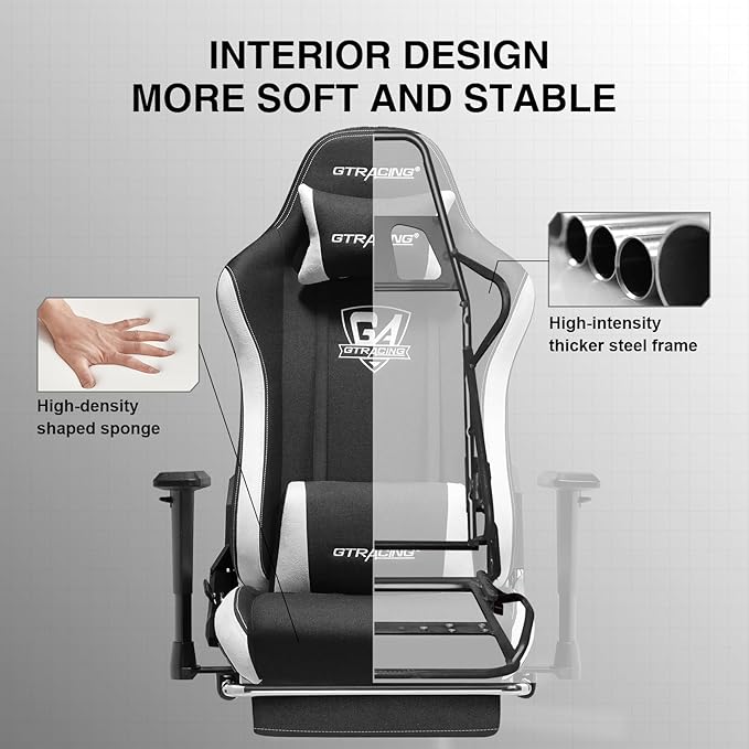 GTRACING Gaming Chair with Footrest, Fabric Breathable Big and Tall Ergonomic Computer Chair 350 lbs with Adjustable Lumbar Support and Recliner, High Back Game Chair for Office Gaming, Black