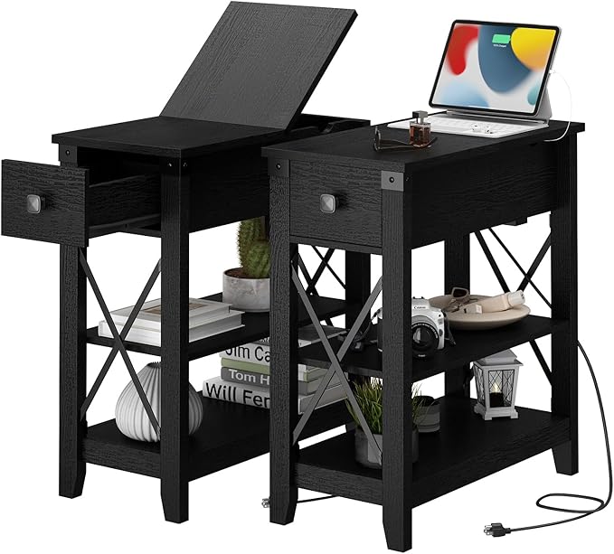 Narrow End Table with Charging Station - Farmhouse Slim Side Table Set of 2, w/USB Ports Power Outlets, Nightstand w/Flip Top Storage Drawer, for Small Spaces Living Room Bedroom, Black