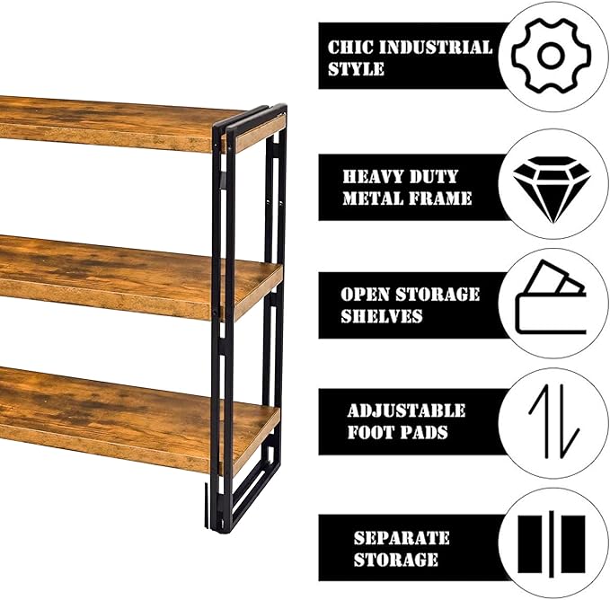 47" 3-Tier Bookshelf Rustic Wood and Metal Industrial Bookshelf for Home Office, Bedroom, Kitchen, Bathroom (Rustic Brown, 3-Tier)