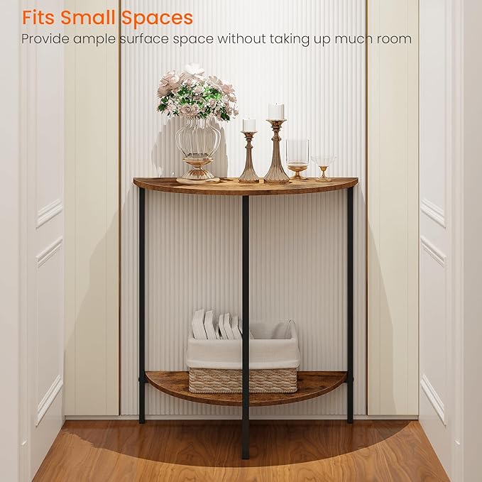 Homode Half Moon Table, Small Entryway Table, Half Round Entry Table, Narrow Half Circle Console Tables for Small Spaces, Hallway, Wood Front Entrance Tables, Rustic Brown and Black