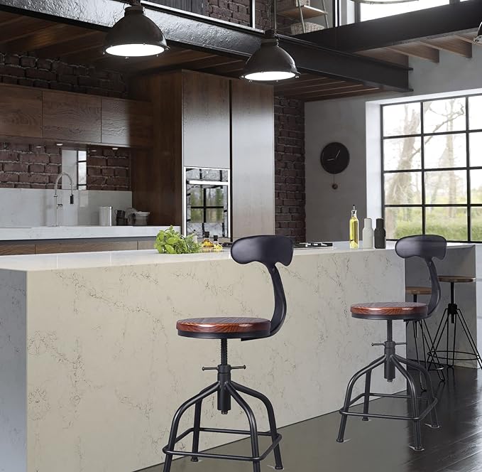 Topower Farmhouse Kitchen Stool, Industrial Counter Stool, Kitchen Deco Round Seat Standard Height Adjustable Swivel Bar Stools with Backrest Indoor House Design Iron Backrest Black Set of 2