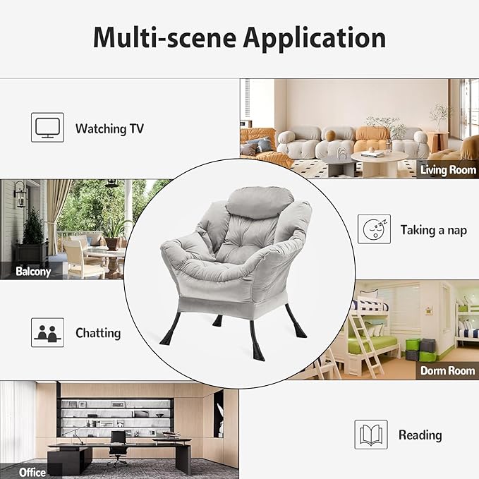 Lazy Chair Thick Padded, Comfy Velvet Accent Lounge Chair with Stable Frame, Leisure Sofa Armchair with Armrests and Side Pocket, Reading Chair for Bedroom, Living Room, Office, Light Gray