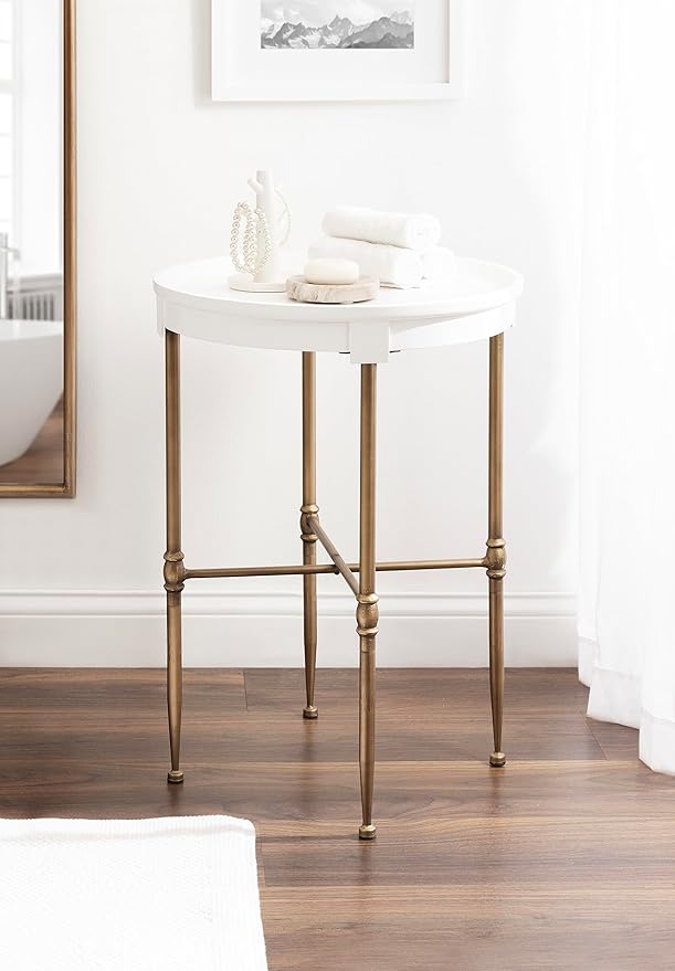 Kate and Laurel Valdi Modern Round Side Table; 19 x 26; White and Antique Gold; Glam Circle End Table with Geometric Metal Base and Raised Edge Tabletop