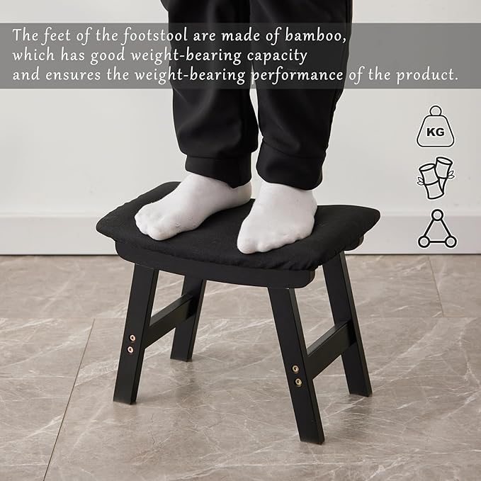Foot Stool,Ottoman,Bamboo Small Sofa Foot Rest Under Desk,Extra Seating for Living Room, Bedroom and Kitchen (Black Stool Legs - Black Surface)