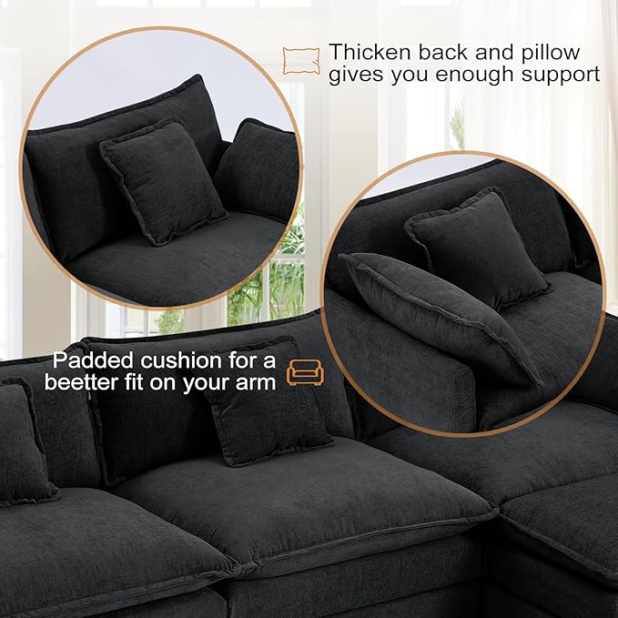 Furniliving Oversized Accent Chairs with Ottoman, Luxury Chenille Single Sofa Couch, Upholstered Deep Seat Chaise Lounge with Pillows for Living Room, Bedroom, Apartment, Black
