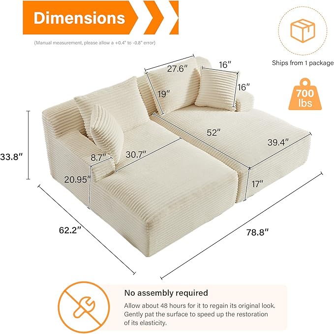 ERYE 79" Oversized Double Chaise Lounge Indoor Sleeper Recliner Sofabed with 4 Pillows, Fluffy Corduroy Loveseat Sleeper Chaise Daybed 2 Pieces Boneless Chair Sofa Bed for Living Room Bedroom Reading