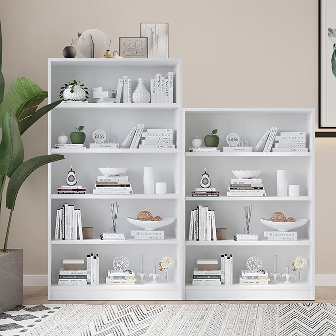 Wooden Bookshelf with Adjustable Shelves, 5 Tier Tall Bookcase for Living Room, Office or Small Spaces,Heavy Dute Bookshelves Storage Organizer, Manga Bookshelf for Collectors,60 Inch,White