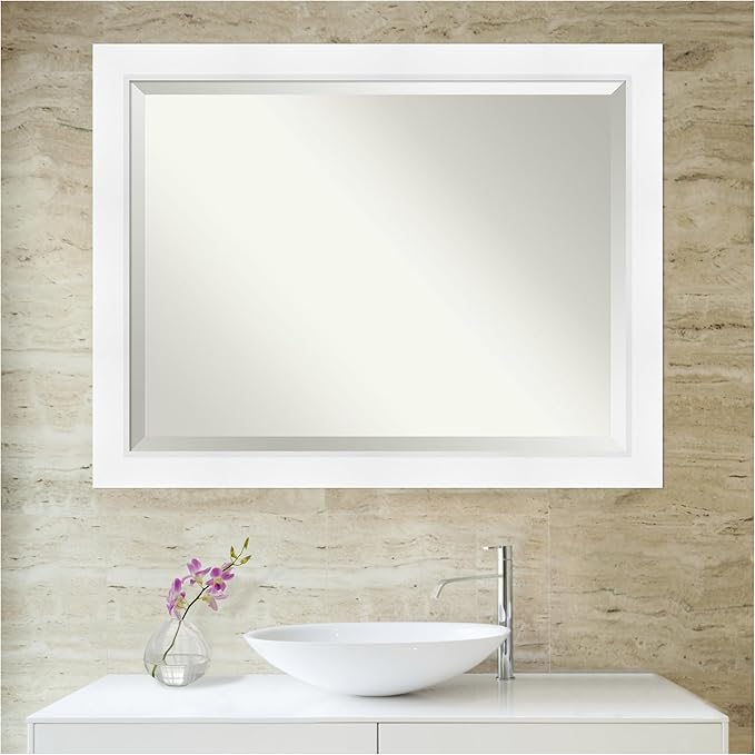 Amanti Art White Bathroom Mirror for Over Sink, 36x46 Sloped White Rectangle Vanity Mirror, X-Large Modern Contemporary Frame, Hangs Horizonally and Vertically, Bathroom Wall Decor, Beveled Edge