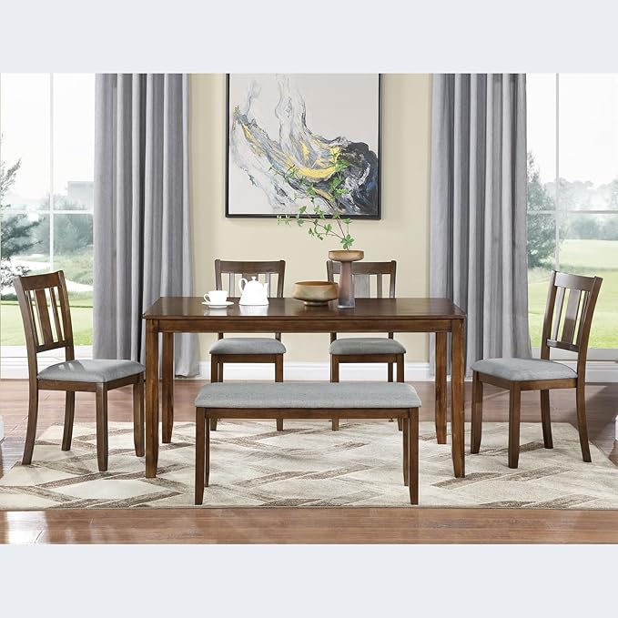 KEIKI 6-Piece Standard Height Dining Table Set with Rectangular Table, 4 Upholstered Slatted Backrset Chair, Bench, for 6 Person, Modern Table Set, Easy Assembly, for Kitchen, Dining Room, Walnut