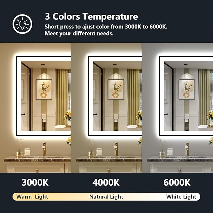55x36 Inch LED Bathroom Mirror with Lights (Front Lit and Backlit) Black Framed Lighted Vanity Mirror for Bathroom Wall Dimmable Anti-Fog Memory Tempered Glass Horizontal/Vertical