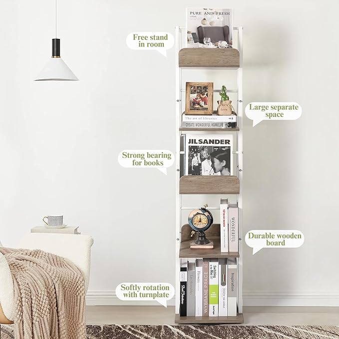 Bikoney Bookshelves 5-Tier, Rotating Bookshelf Tower for Corner, Small Narrow Bookcase, Tall Industrial Bookshelf, Wood and Metal White