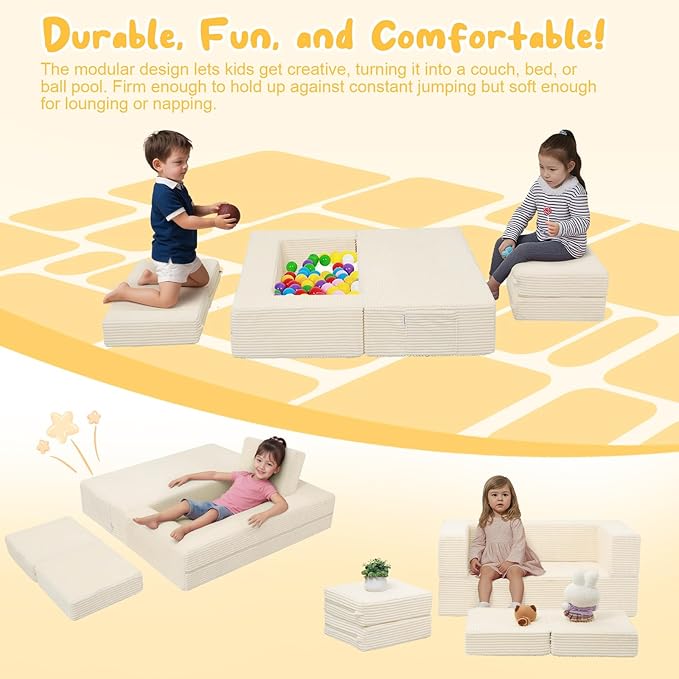 MeMoreCool Modular Kids Couch, Corduroy Play Toddler Couch for Bedroom Playroom Furniture, Convertible Foam Kids Sofa Bed, Fold Out Baby Sofa for Girl Boy, Beige
