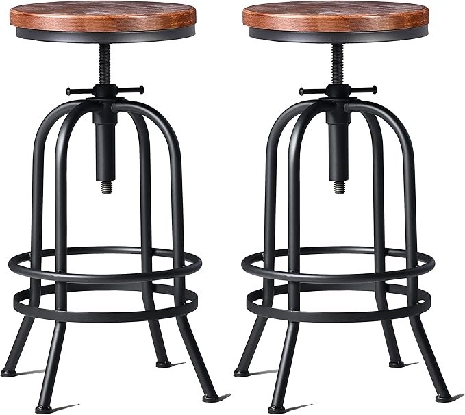 32 inch Vintage Industrial Bar Stool-Metal Wood Swivel Bar Stool-Retro Bar Height Stool-Counter Height Adjustable Kitchen Stools-Set of 2-Extra Tall Pub Height 26-32 Inch,Fully Welded(Black(2pcs))