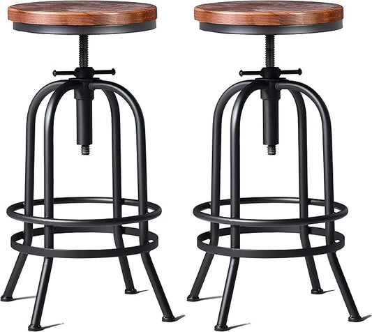 32 inch Vintage Industrial Bar Stool-Metal Wood Swivel Bar Stool-Retro Bar Height Stool-Counter Height Adjustable Kitchen Stools-Set of 2-Extra Tall Pub Height 26-32 Inch,Fully Welded(Black(2pcs))