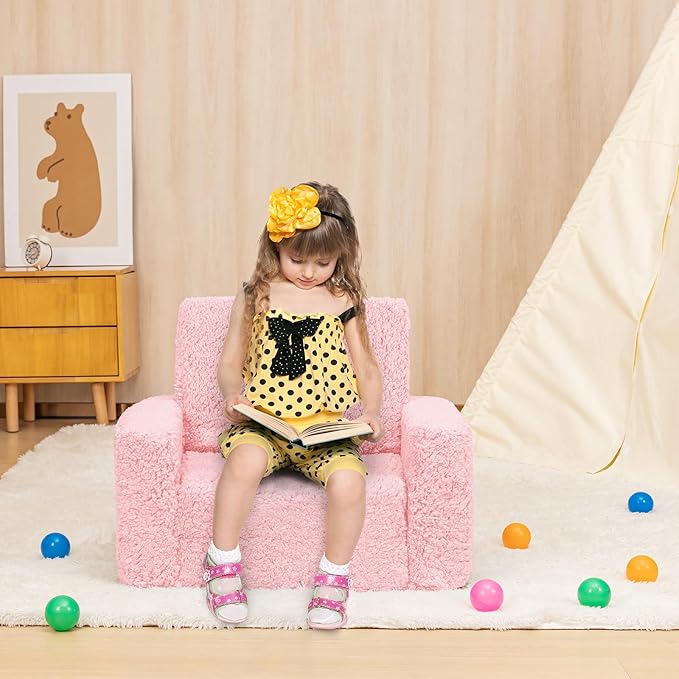 SLIGUY Toddler Couch Convertible Sofa to Lounger Pull Out Couch Sherpa Cover Dark Pink