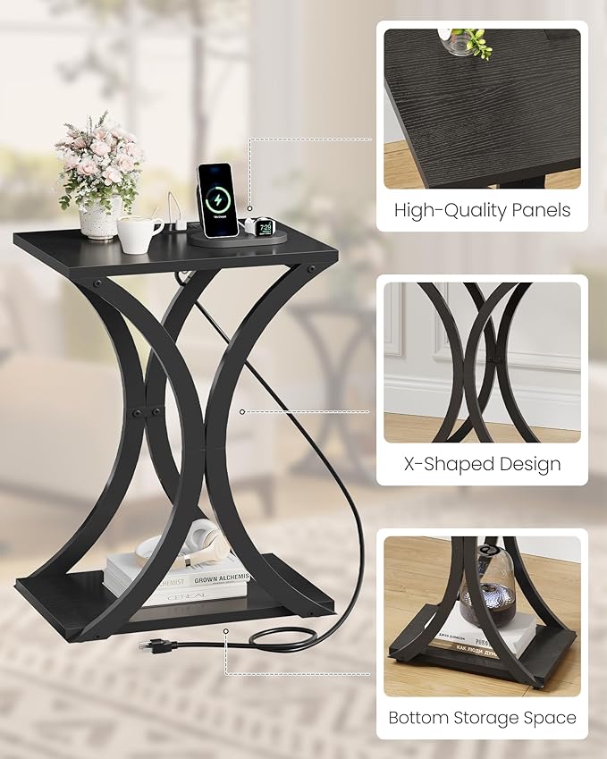 End Table with Charging Station, 2-Tier Modern Side Table Set of 2, Nightstand with Storage Shelf, for Small Spaces, for Bedroom, Living Room, Home Office, Black TBZ20UP2BB