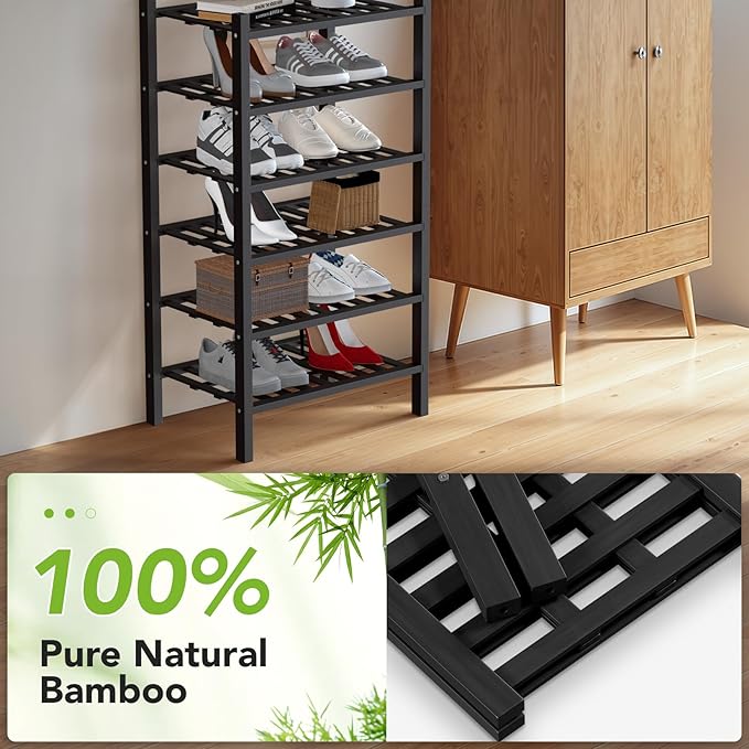 Haddockway small 6 Tier Bamboo Shoe Rack Storage Organizer, Multifunctional Free Standing Stackable Shoe Shelf with Grid Panel for Closet,Hallway,Entryway,Small Space 18"x11"x34"(Black, 6-Tier(Small))