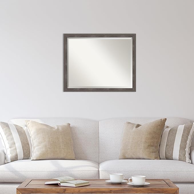 Amanti Art Grey Wall Mirror 25x31 Pinstripe Lead Grey Rectangle Bathroom Mirror for Wall Decor Living Room, Large Modern Wood Frame, Hangs Horizonally and Vertically, Bathroom Decor, Beveled Edge