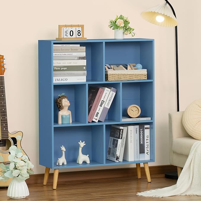 YAHARBO 7 Cube Bookshelf, Blue Kids Book Shelf with Cubby Storage,Wooden Modern Bookcase with Legs,3 Tier Freestanding Display Book Case,Children Toy Organizer,Bookshelves for Office,Nursery,Playroom