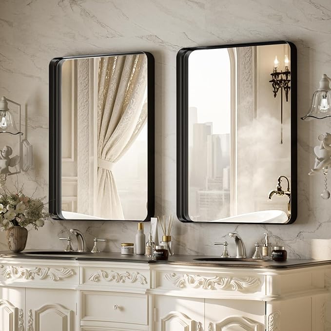 Bathroom Mirror 24x32 inch, Black Gorgeous Deep Frame Wall Mirror, Modern Round Corner Bathroom Vanity Mirror for Bedroom, Living Room, Hanging or Leaning Horizontal or Vertical, Black