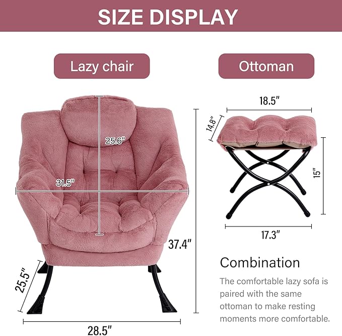 LITA Lazy Chair with Ottoman, Modern Accent Leisure Upholstered Sofa Chair, Lounge Reading Chair with Armrests and a Side Pocket for Living Room, Bedroom & Small Space, Plush Dark Pink