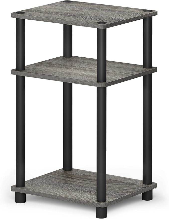 Furinno Just 3-Tier Turn-N-Tube End Table / Side Table / Night Stand / Bedside Table with Plastic Poles, 1-Pack, French Oak Grey/Black
