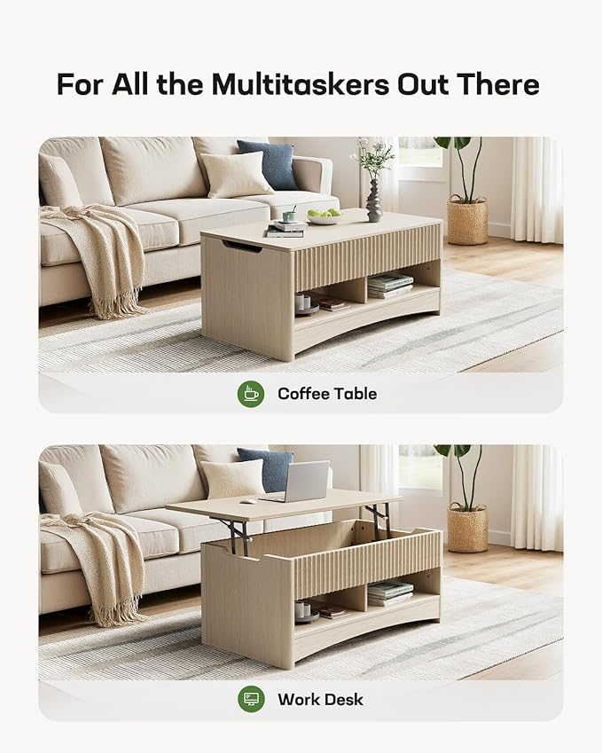 Marsail Lift Top Coffee Table with Open & Hidden Storage, Modern Fluted Coffee Table with Smooth Lift Mechanism, Sturdy Space-Saving Center Table for Home Living Room, Office, Natural Oak