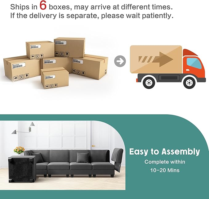 Shintenchi 6 Pieces Sectional Couch Modular Sofa,U Shaped Reversible Chaise Velvet SofaCouch with Cushions,Modular Sectional Sofa with Ottoman for Living Room (Dark Grey)
