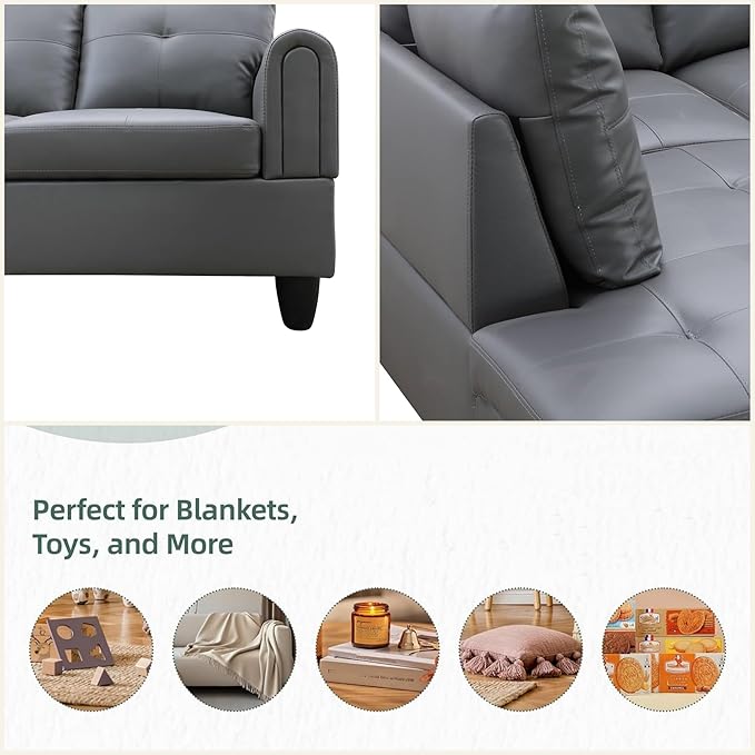 L Shaped Sectional Couches, Leather Couch Modular Sectional Sofa with Ottoman Storage, Modern L Shaped Couch with Chaise for Living Room Bedroom Apartment Furniture, Gray