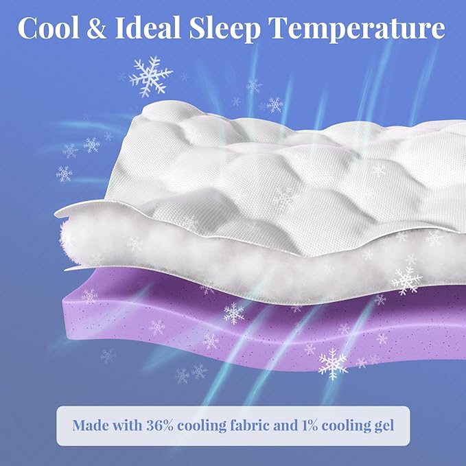 OhGeni Cooling 4 inch Dual Layer Queen Mattress Topper, 2 inch Cooling Gel Memory Foam, 2 inch Down Alternative Pillow Top Pad, Mattresses Cover for Bed, Medium Support, Fits 6”-19” Deep Pocket,Purple