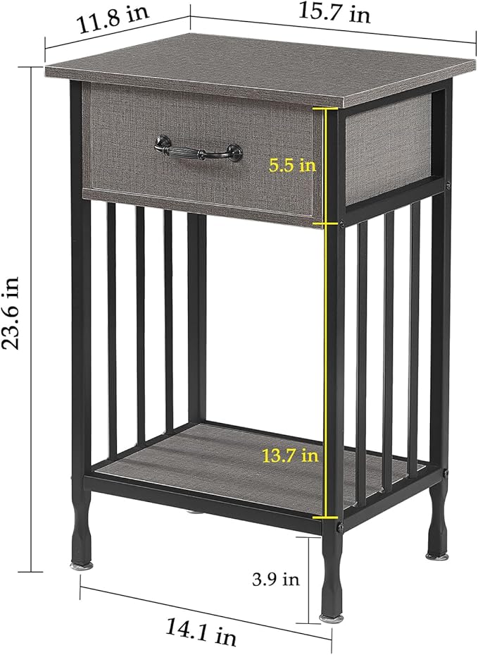 VECELO Nightstands Set of 2, Industrial Side Table/End Tables with Drawer and Storage Shelf, Night Stands for Bedroom, Living Room, Wood Metal Furniture, Easy Assembly