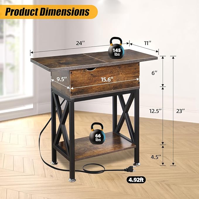 Toocust End Table Living Room with Charging Station, 11"D x 24"W x 23"H, Flip Top Side Table with USB Ports and Outlets, Narrow End Table with 5.3" Deep Drawer, Reinforced Steel X-Frame, Rustic Brown