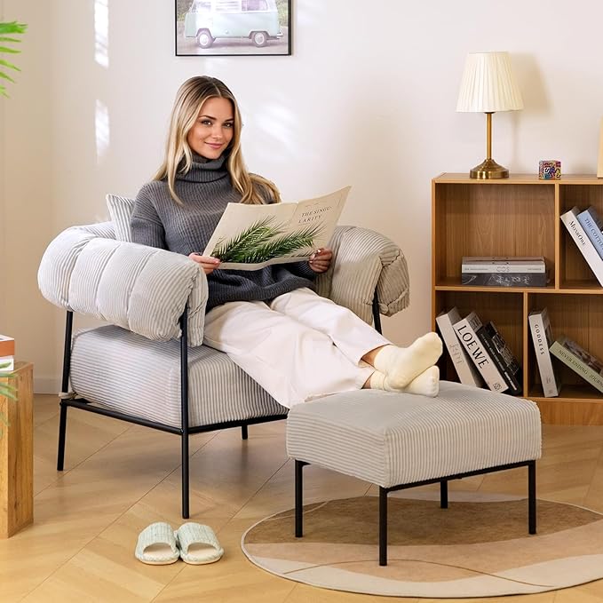 HollyHOME Modern Velvet Accent Chair with Ottoman, Upholstered Comfy Reading Chair and Footstool, Fabric Large Lazy Arm Chair and Stool, Lounge Sofa Chair for Living Room, Bedroom, Grey Chair&Stool