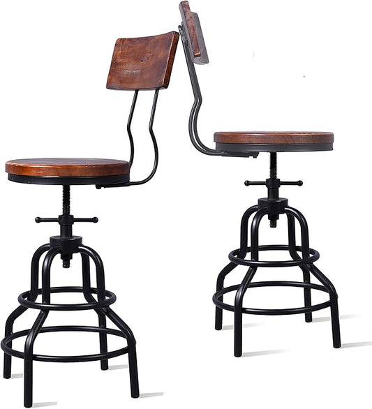 Diwhy Industrial Vintage Counter Stool, Kitchen Counter Height Adjustable Swivel Chair, Metal Frame Stool, with Wood Backrest, 20.47-26.77 Inch, Fully Welded Base, Set of 2
