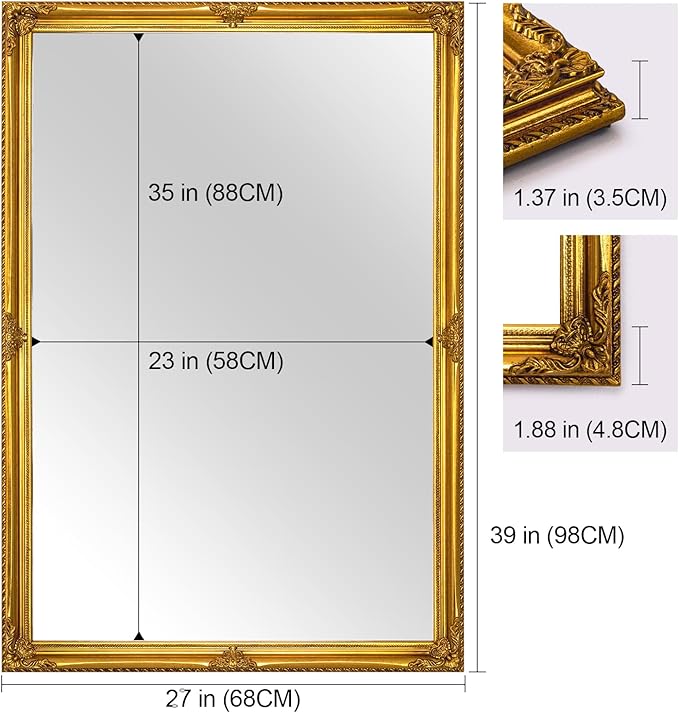 39" x 27" Large Vintage Mirror Wall Decor, Gold Ornate Decorative Wall Mirror with Elegant Victorian Wood Frame for Living Room Fireplace, Dining Room, Bathroom