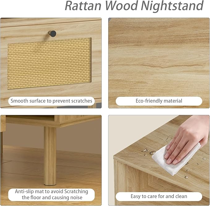 Rattan Nightstand with Storage Boho Modern Farmhouse Bedside Table with Drawer & Open Shelf Light Wood End Table for Bedroom, Living Room, Office, Dorm - Natural Walnut 0ak Color