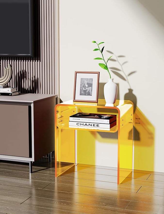 Clear Acrylic End Table 2-Tier Bedside nightstand for Living Room Bedroom Home Decor (Yellow)