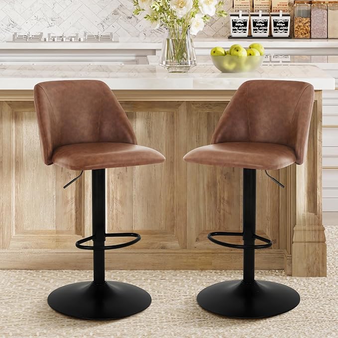 COLAMY Bar Stools Set of 4, Modern Swivel Bar Chairs, Adjustable PU Leather Upholstered Barstools Counter Height with Full Backrest for Bar, Dining Room, Kitchen Island, Brown