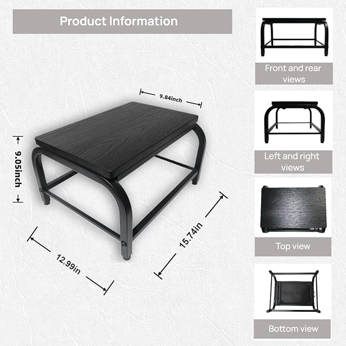 Dual Anti-Slip Solid Wood & Metal - Wooden Small Step Stool for Children/Adults/Elderly, 500 lbs Load Capacity, Safety Step, Ideal for Home/Kitchen/Bedside (Black, One-Step Stool)