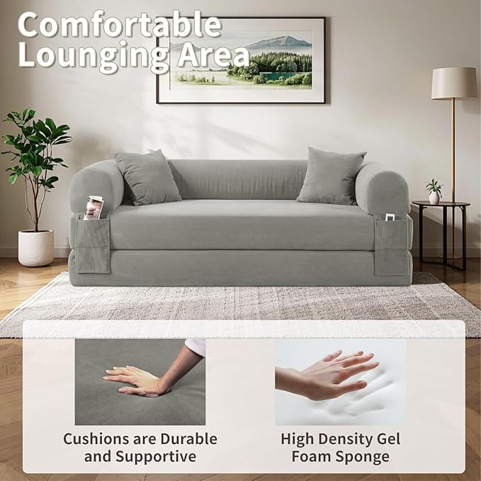 80" Convertible Sofa Bed, 3-in-1 Corduroy Folding Pull Out Couch with Pillows, No Assembly Modern Boneless Couch Compression Sofa in Box, Floor Sofa with Side Storage Pocket for Living Room,Light grey