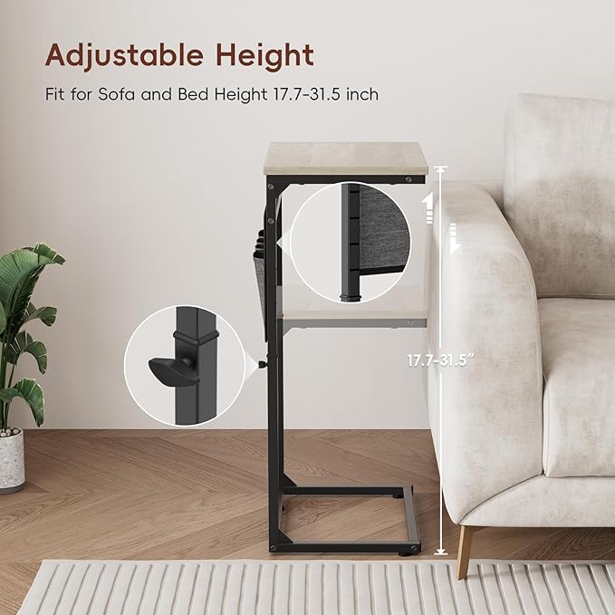Vagusicc C Shaped End Table, Set of 2 Tall Side Table for Couch, Adjustable Height Small Couch Side Table for Small Spaces, End Table Slide Under Sofa Table TV Tray Arm Table for Living Room, Grey