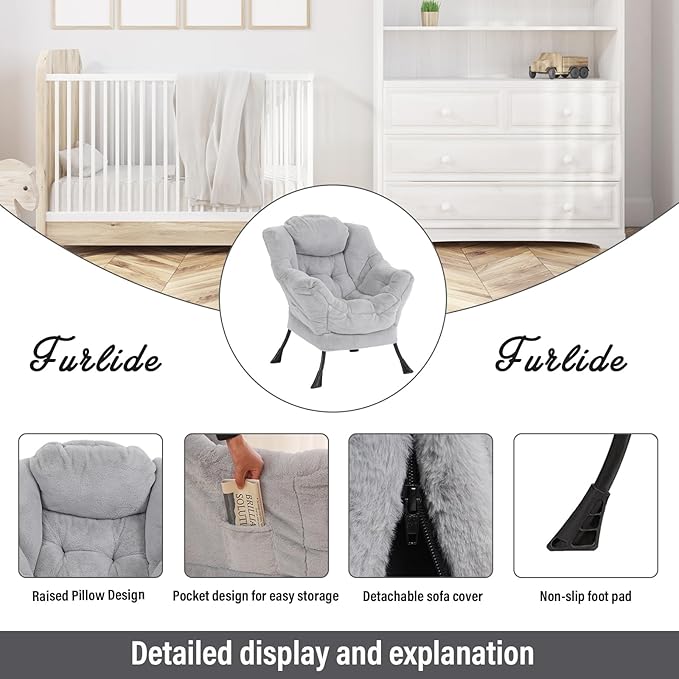 Lazy Chair with Ottoman, Modern Reading Chair with Folding Footrest, Comfortable Lounge Accent Chair for Bedroom, Study, Living Room, Courtyard (Plush Grey)