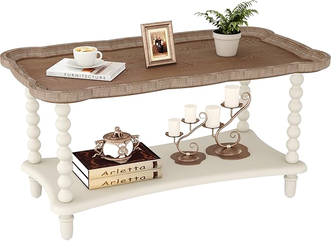 Function Home Farmhouse Coffee Table, Rustic White French Country Center Table with Storage Shelf, Wood Coffee Tables for Living Room Dining Room, Natural Tray Top and Vintage White Spindle Legs