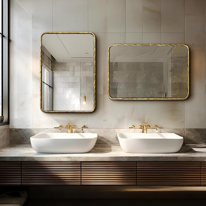 BEGINS Hand-Forged Steel Wall Mirror, 30x22 Inch Vintage Solid Steel Frame, Antique Rounded Rectangle Bathroom Mirror with Hidden Mounting Hooks, Horizontal or Vertical Hanging